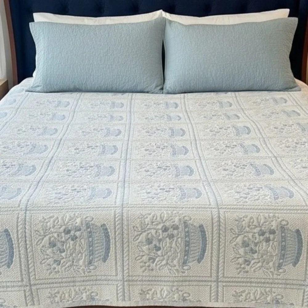 Vtg. Revert Spain Blue White Basket Matelassé Bedspread Queen Coverlet 104x90